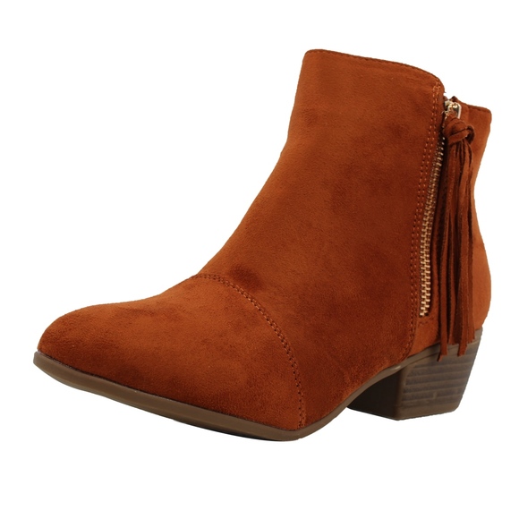 Tan faux suede tassel fringe Low Heel ankle boot - Picture 2 of 6